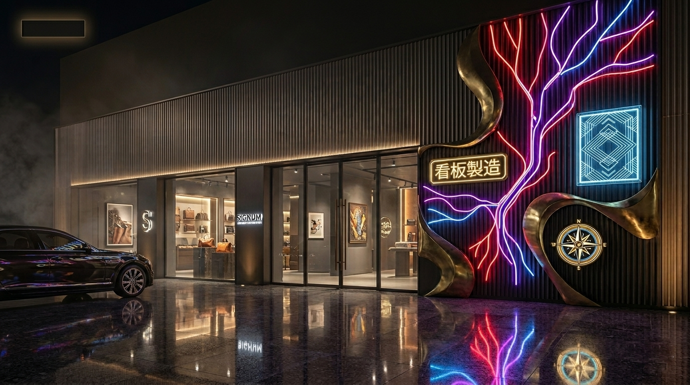 Dramatic custom neon tree installation on a luxury showroom exterior