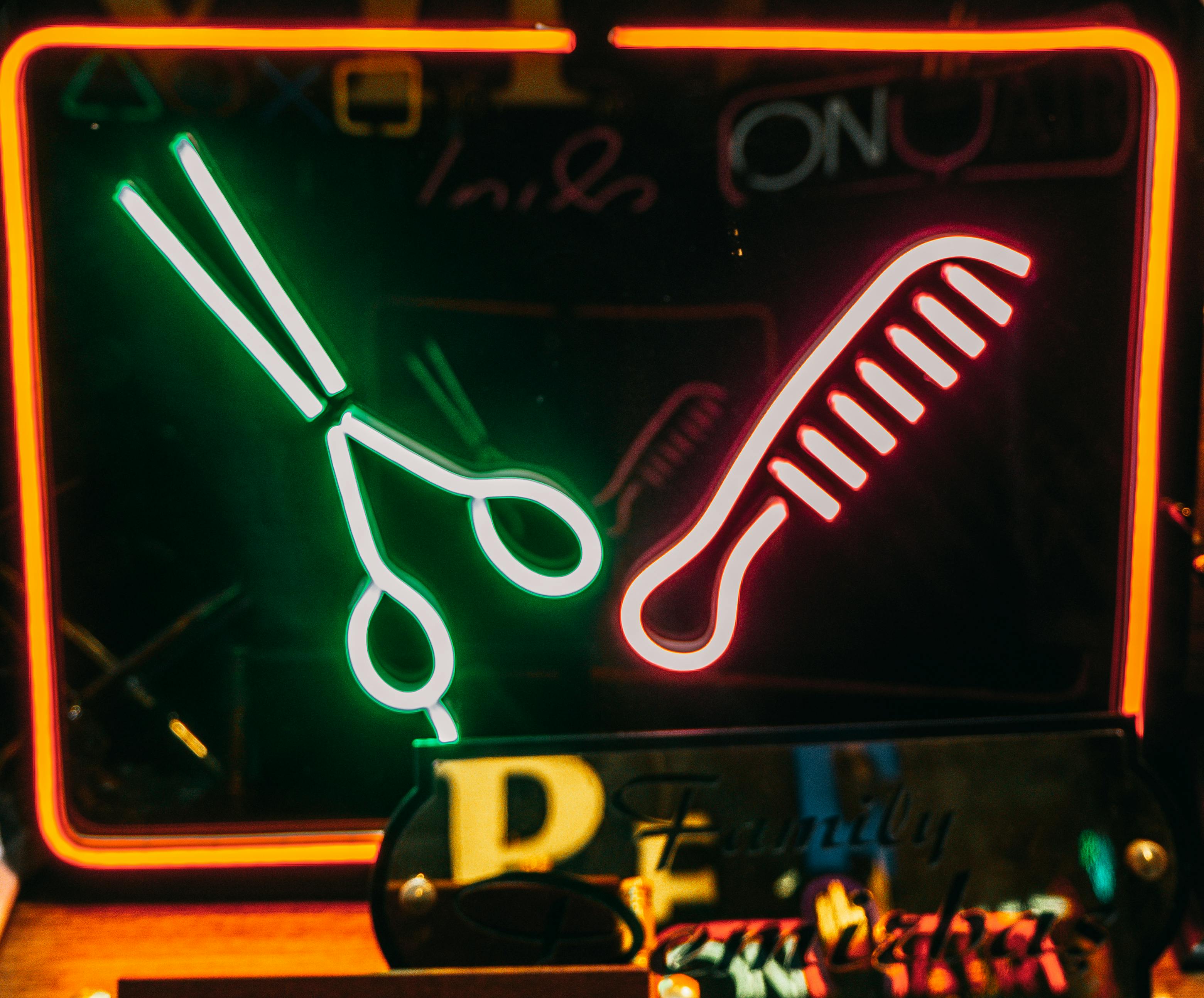 Custom neon barber sign with scissors and comb design