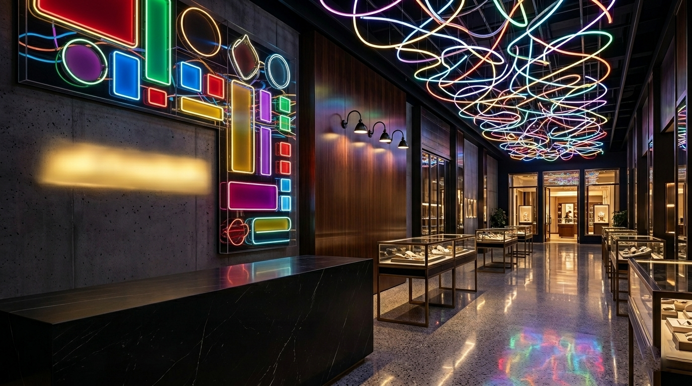 Stunning LED neon ring ceiling and geometric wall panel installation in a luxury retail interior