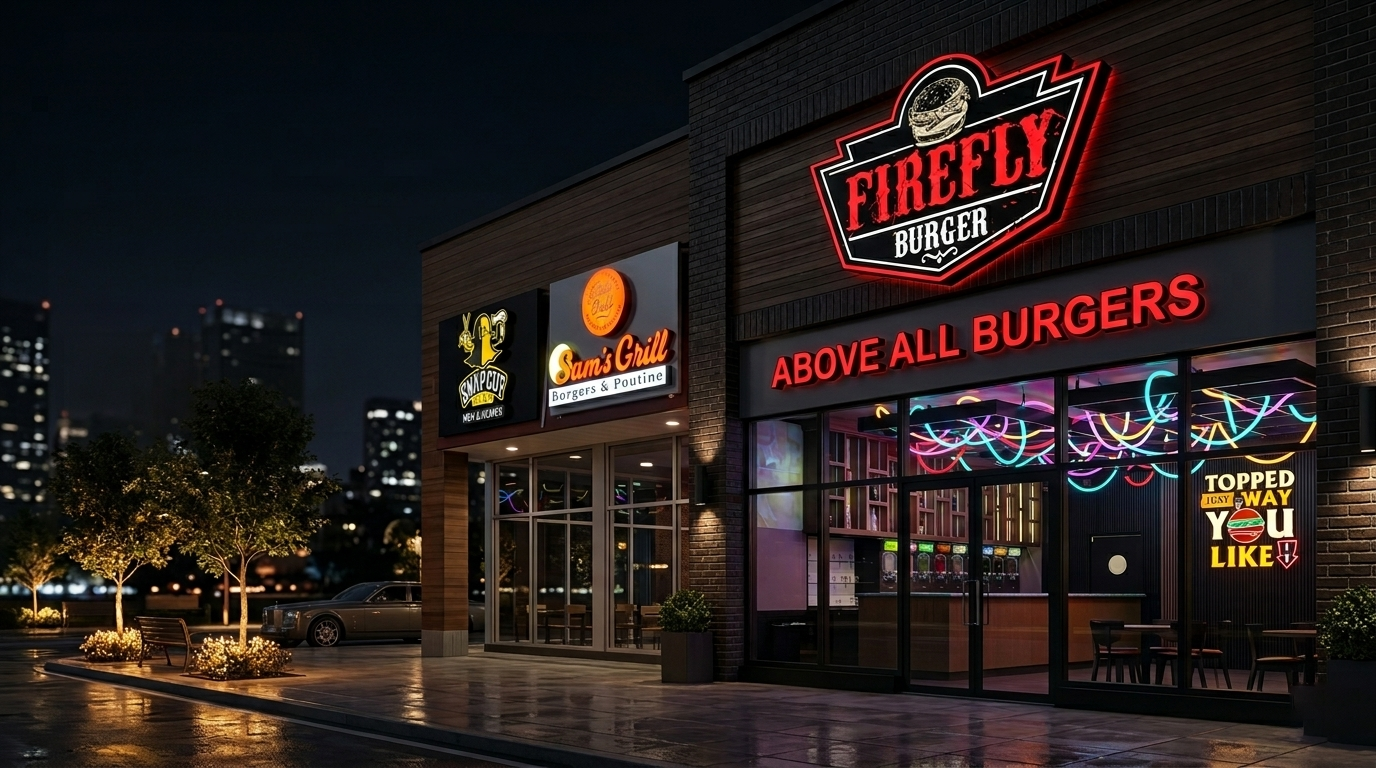 Illuminated Firefly Burger commercial storefront sign at night  -  Cambridge ON